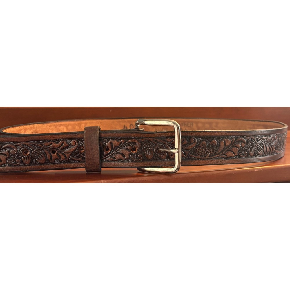 Tandy Leather Mens Brown Tooled Floral Acorn Belt Made in USA Size 40 Western